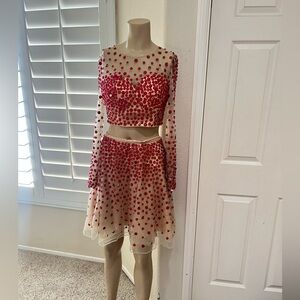 Sherri hill Cream Full Red Beaded Long sleeve Crop Top Mini Skirt Set Party SZ 4